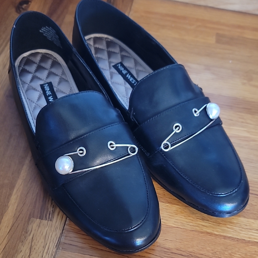 Nine West Black Loafers with Silver and Pearl Details